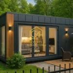 dom kontenerowy całoroczny z elewacją antracytową i oświetleniem LED