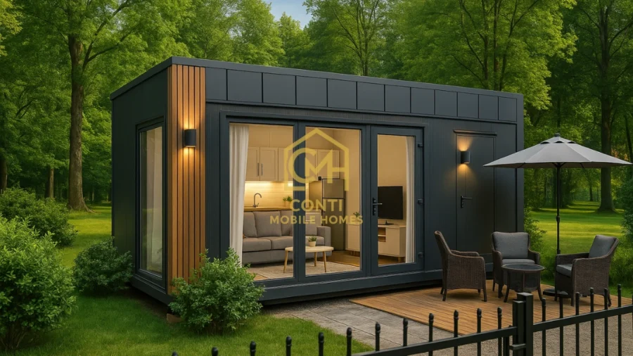 dom kontenerowy całoroczny z elewacją antracytową i oświetleniem LED