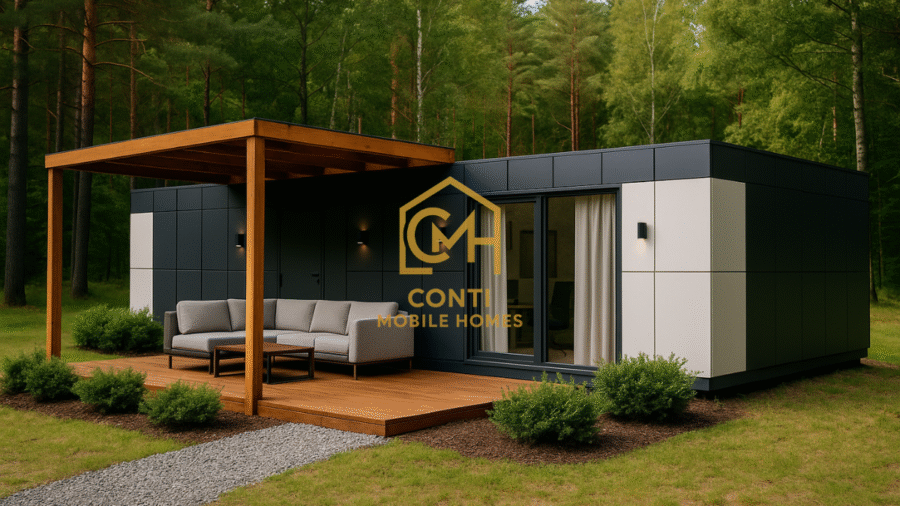 kontener mieszkalny 35m2 z dużymi przeszkleniami i tarasem