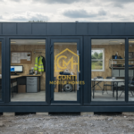 Kontener budowlany pełniący funkcję biura sprzedaży inwestycji mieszkaniowej na placu budowy