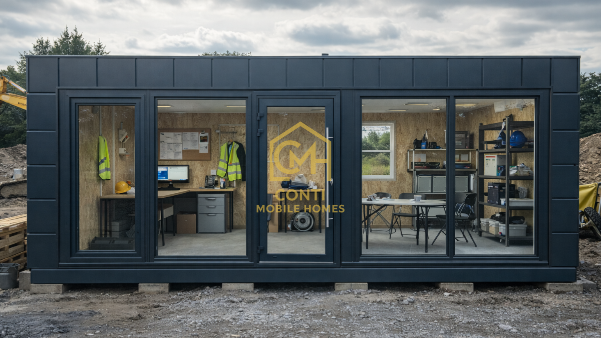 Kontener budowlany pełniący funkcję biura sprzedaży inwestycji mieszkaniowej na placu budowy