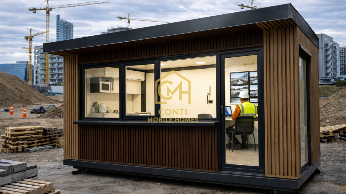 Kontener budowlany z biurem, magazynem oraz zapleczem technicznym dla zespołu budowlanego