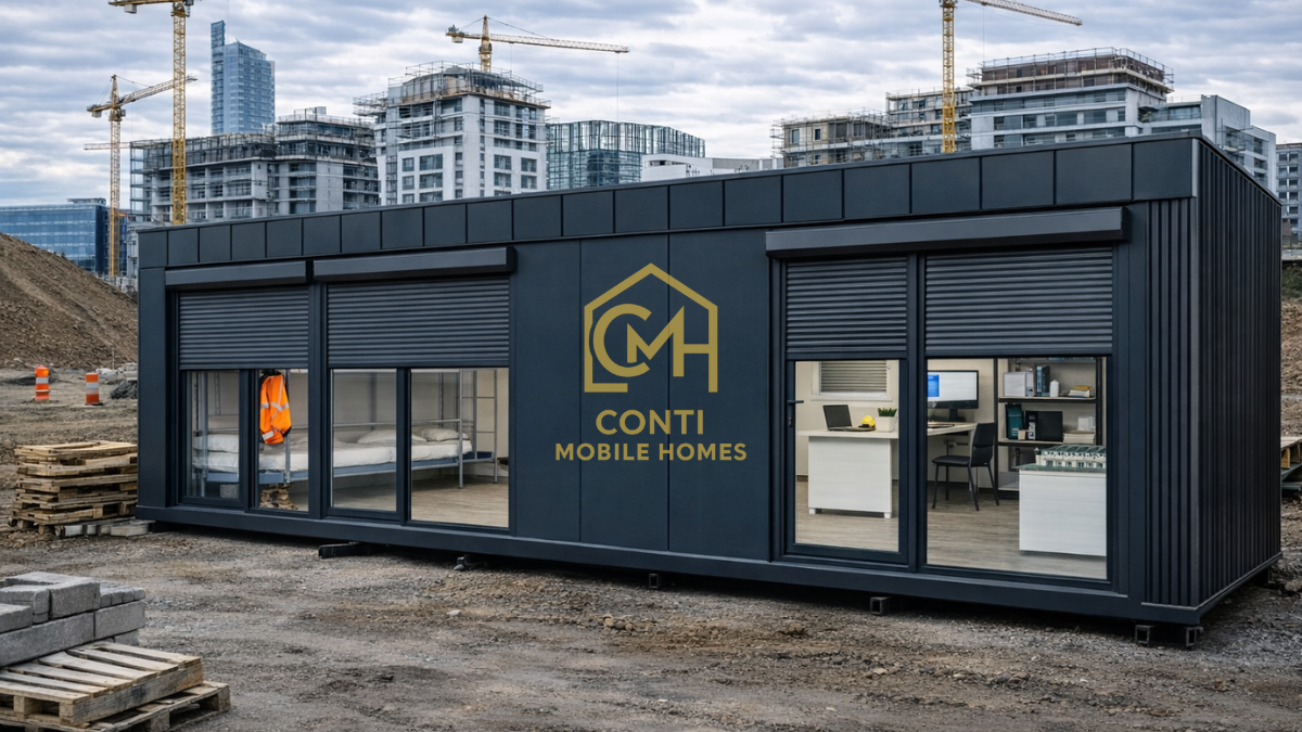 Kontener budowlany z biurem oraz zapleczem noclegowym dla pracowników na terenie budowy