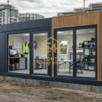Kontener budowlany z roletami zewnętrznymi ustawiony na placu budowy – zaplecze biurowe i socjalne dla inwestycji