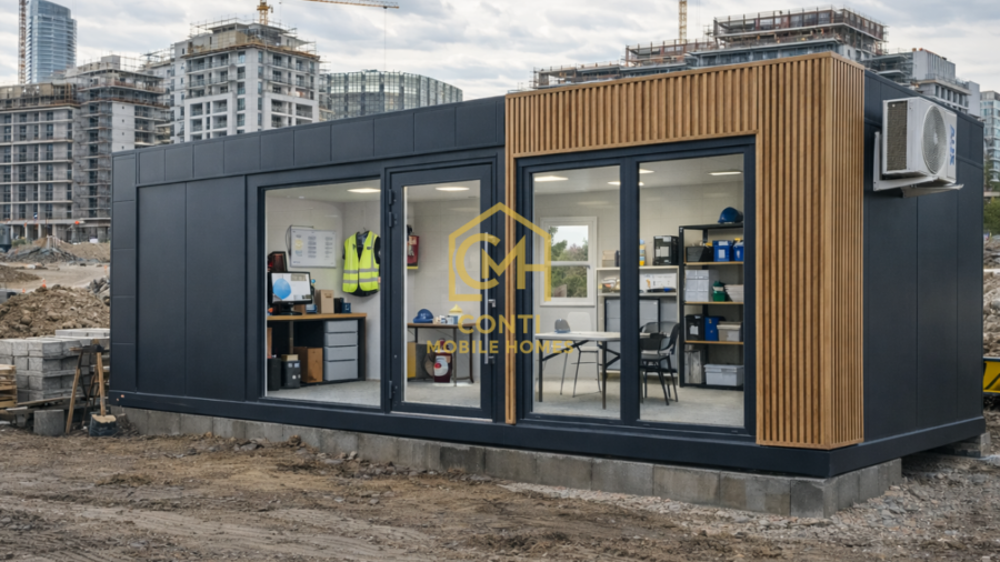 Kontener budowlany z roletami zewnętrznymi ustawiony na placu budowy – zaplecze biurowe i socjalne dla inwestycji
