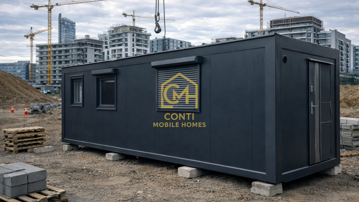 Wnętrze kontenera budowlanego – stanowiska pracy, zaplecze techniczne i przestrzeń biurowa