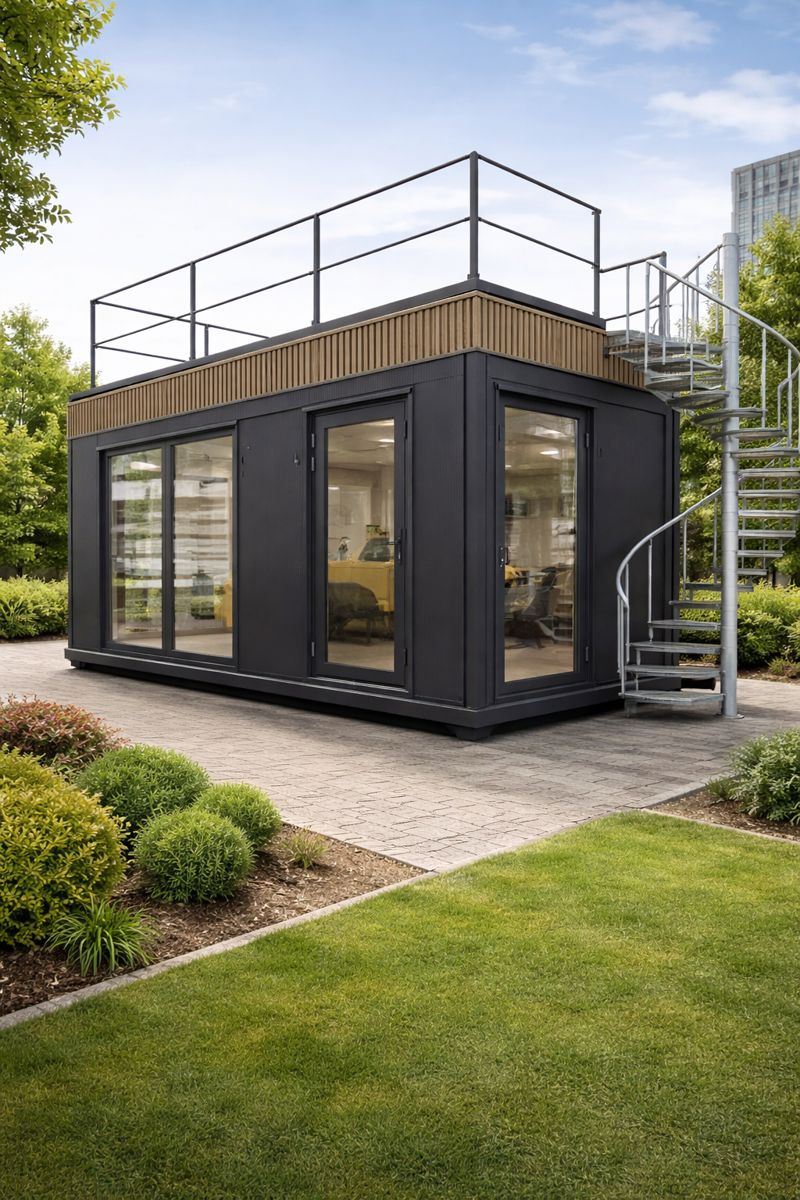 duży kontener gastronomiczny z tarasem