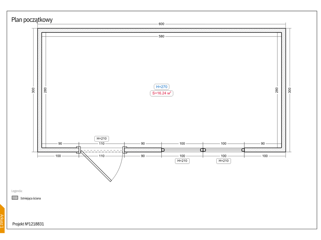 Przykładowy rzut kontenera 6 × 3 m bez WC – otwarte pomieszczenie